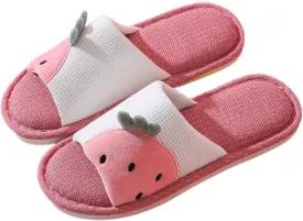 Kawaii Slippers - Fruit Pattern, Eco-Friendly Linen, Breathable, Moisture-Wicking, Anti-Slip for women or Couples, 6, Strawberry Red