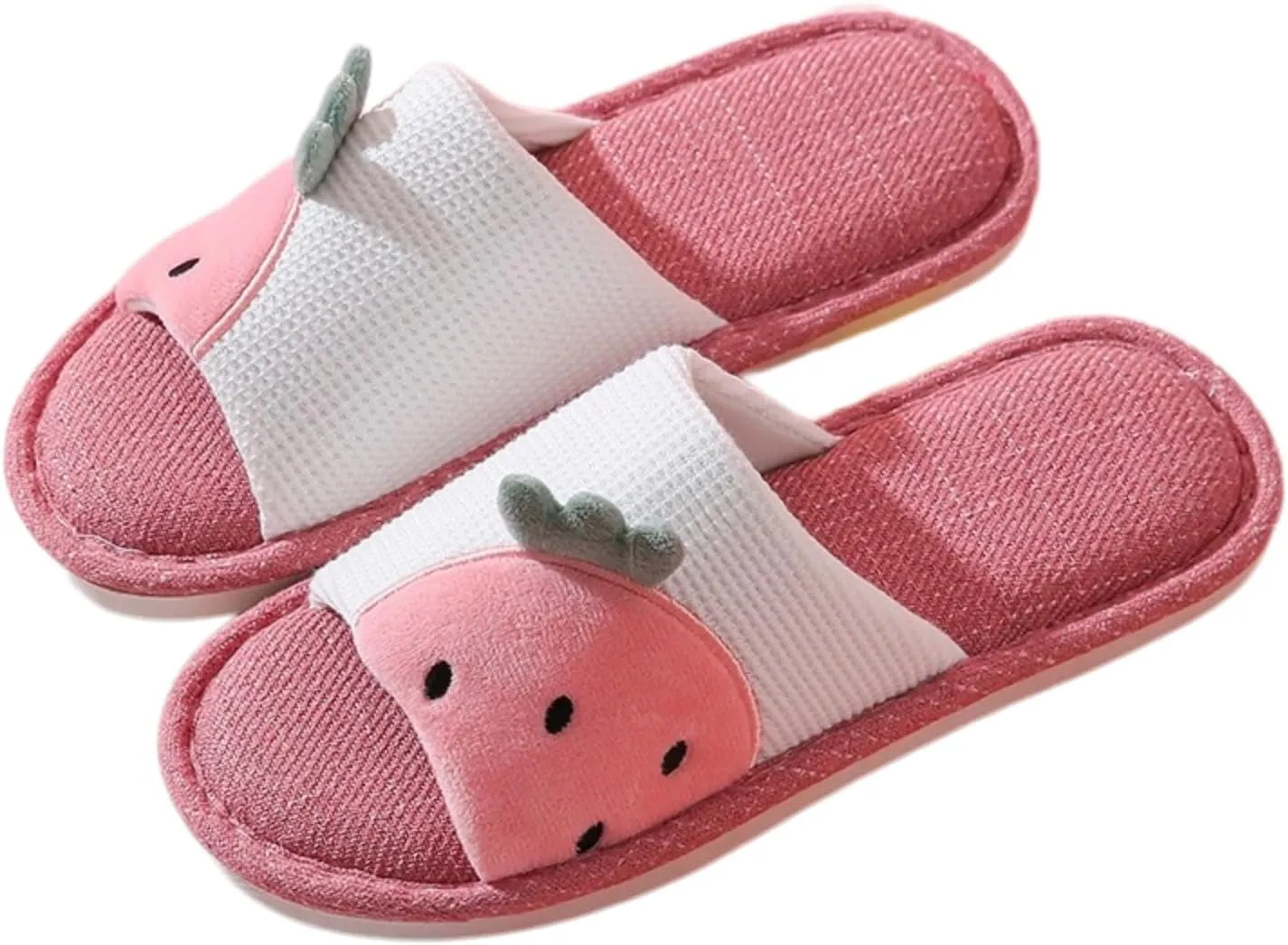 Kawaii Slippers - Fruit Pattern, Eco-Friendly Linen, Breathable, Moisture-Wicking, Anti-Slip for women or Couples, 6, Strawberry Red
