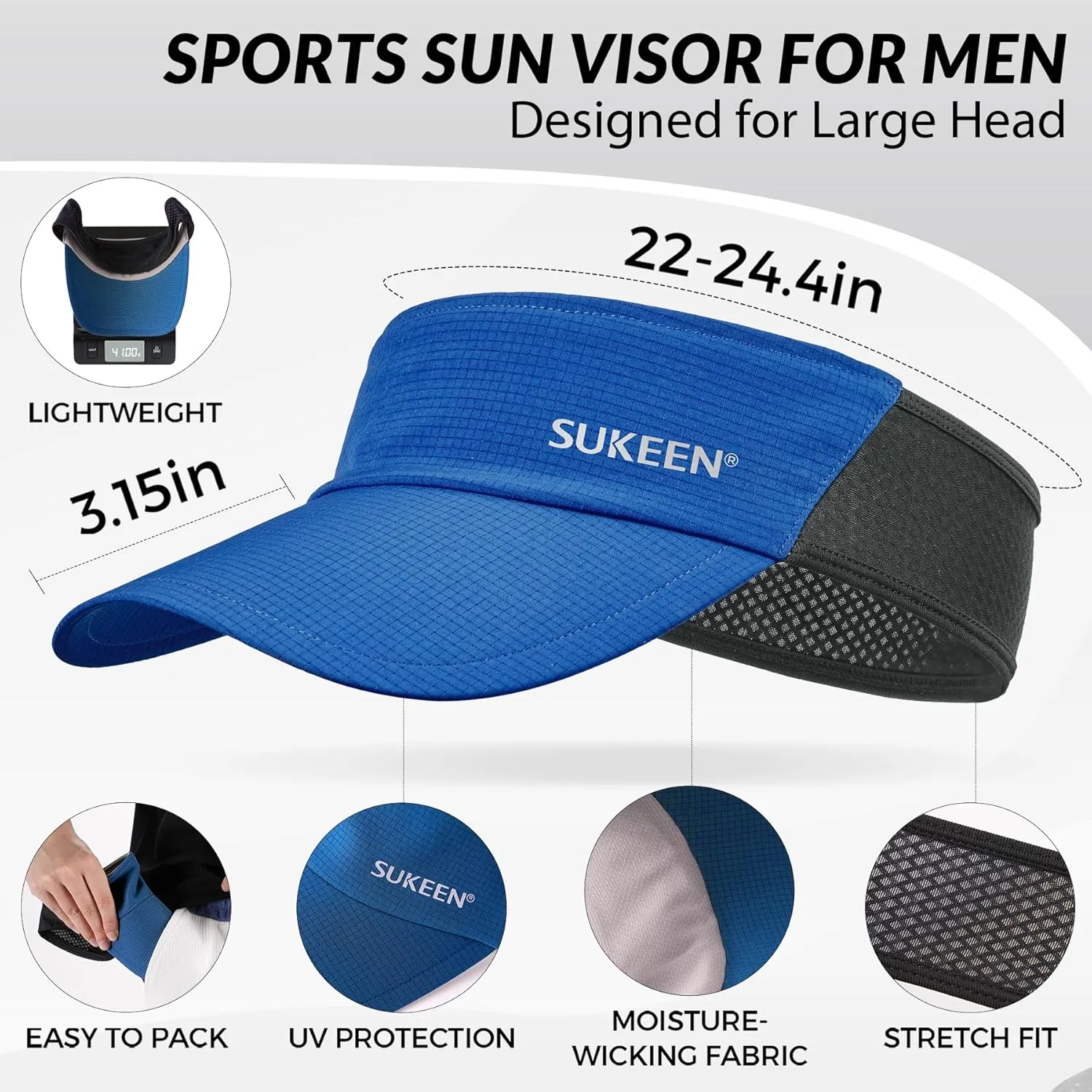 Sukeen Sun Visor Hat for Men Large Head Lightweight Cooling Stretchy Visor Hat for Running, Tennis, Golf, Daily Wear