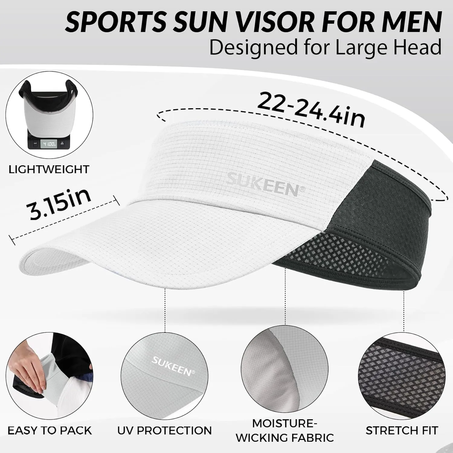 Sukeen Sun Visor Hat for Men Large Head Lightweight Cooling Stretchy Visor Hat for Running, Tennis, Golf, Daily Wear