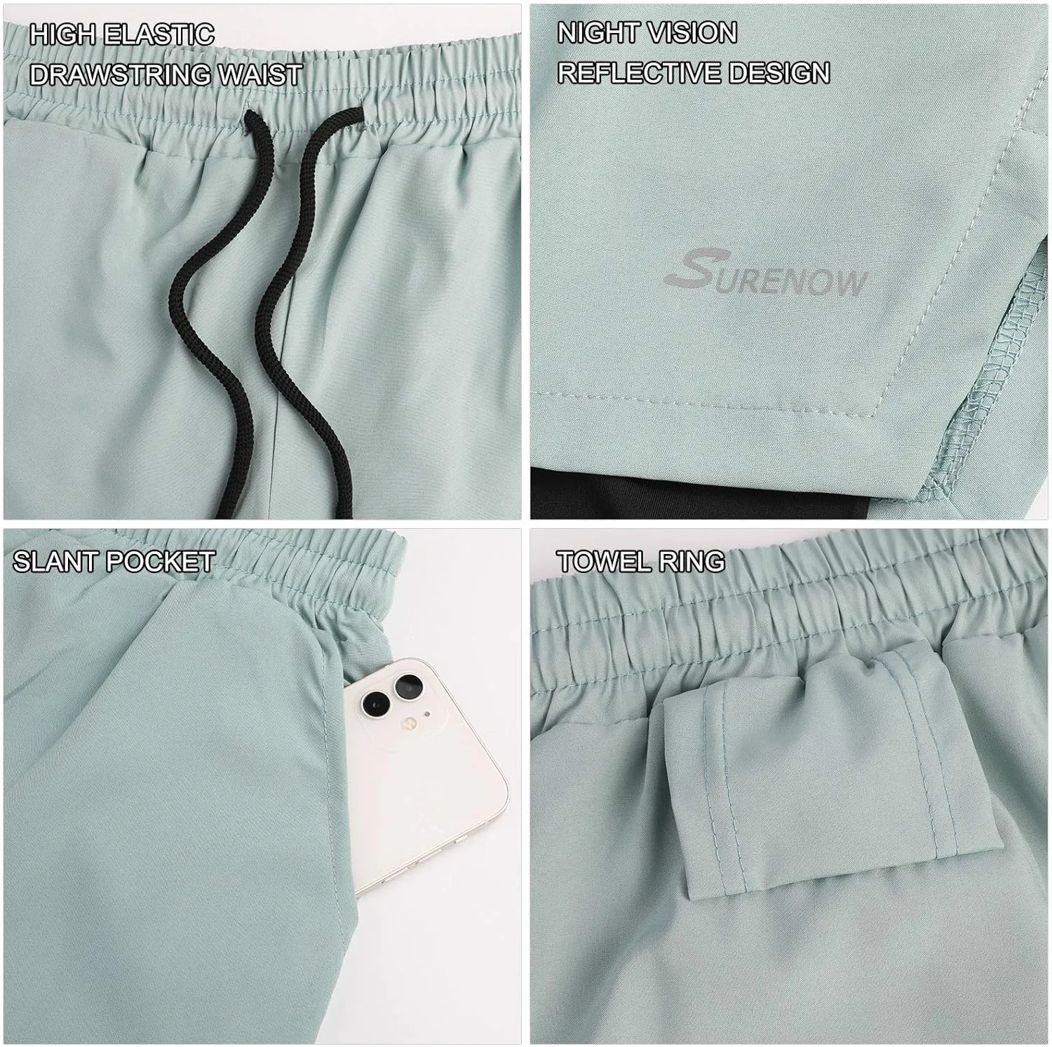 Surenow Mens 2 in 1 Running Shorts Quick Dry Athletic Shorts with Liner, Workout Shorts with Zip Pockets and Towel Loop