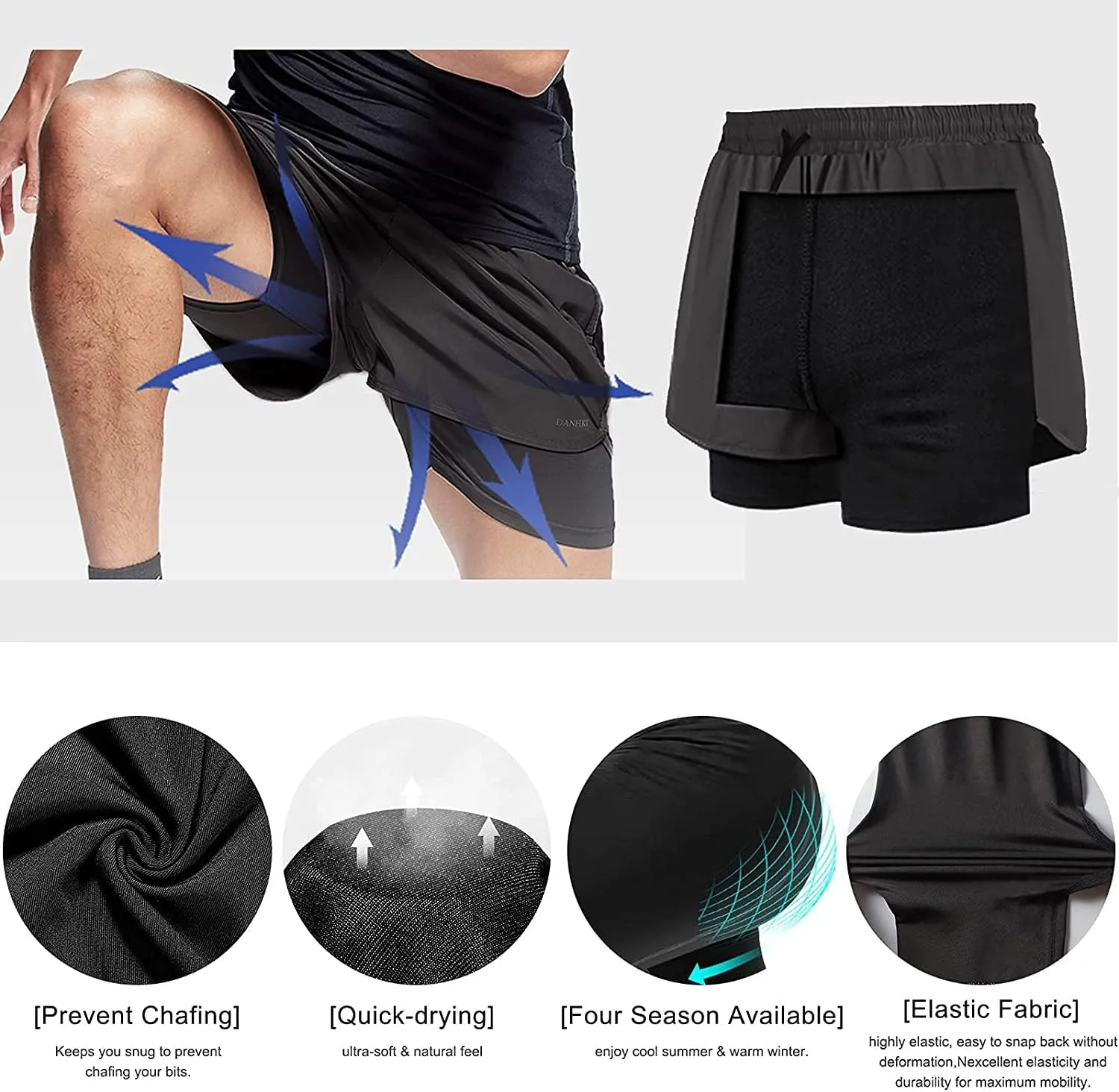 Surenow Mens 2 in 1 Running Shorts Quick Dry Athletic Shorts with Liner, Workout Shorts with Zip Pockets and Towel Loop