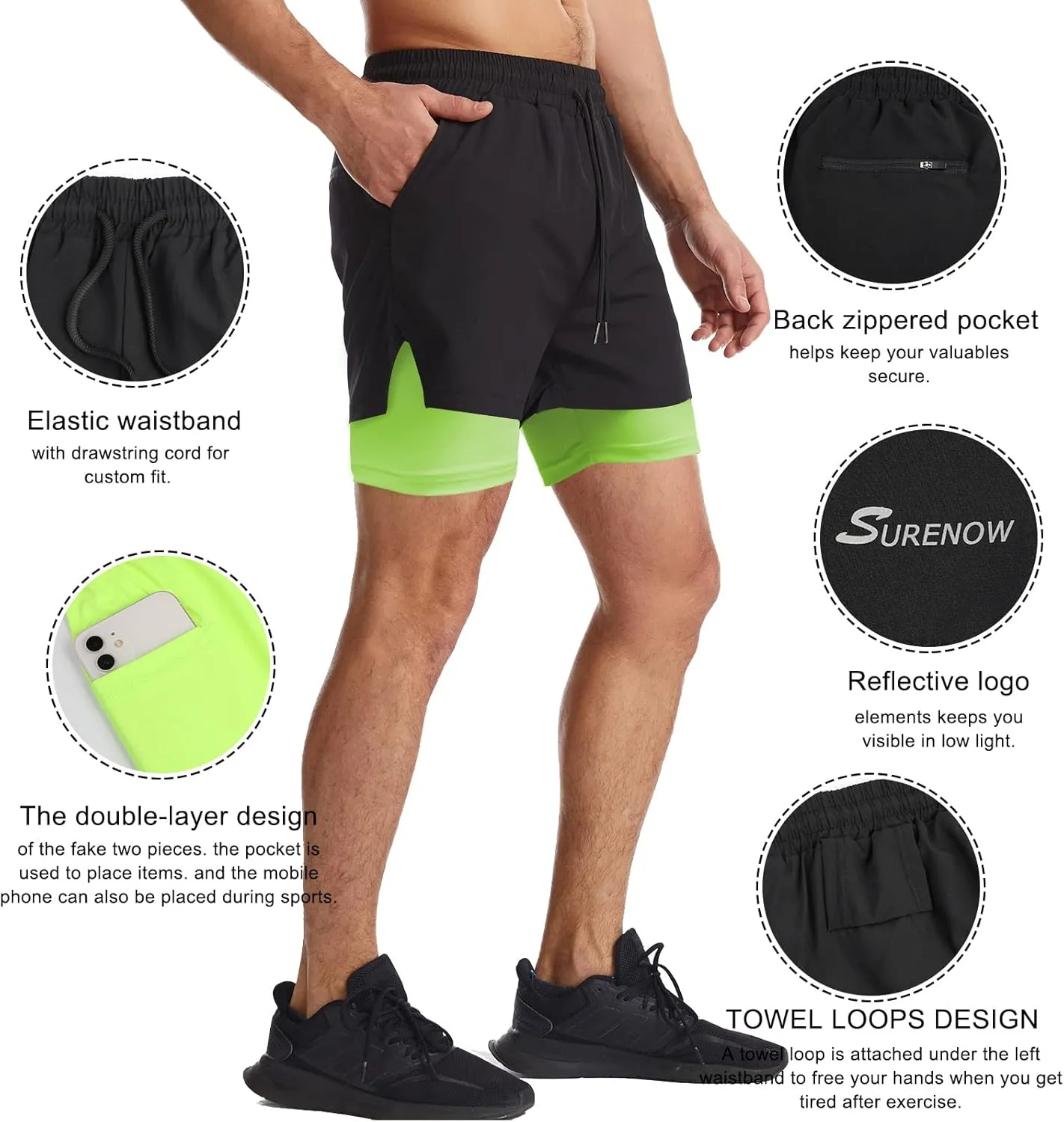 Surenow Mens 2 in 1 Running Shorts Quick Dry Athletic Shorts with Liner, Workout Shorts with Zip Pockets and Towel Loop