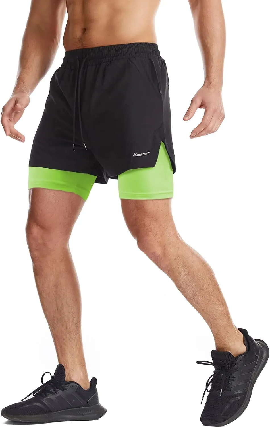 Surenow Mens 2 in 1 Running Shorts Quick Dry Athletic Shorts with Liner, Workout Shorts with Zip Pockets and Towel Loop