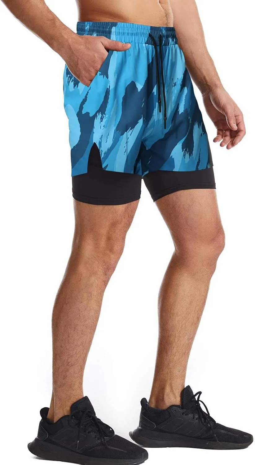 Surenow Mens 2 in 1 Running Shorts Quick Dry Athletic Shorts with Liner, Workout Shorts with Zip Pockets and Towel Loop