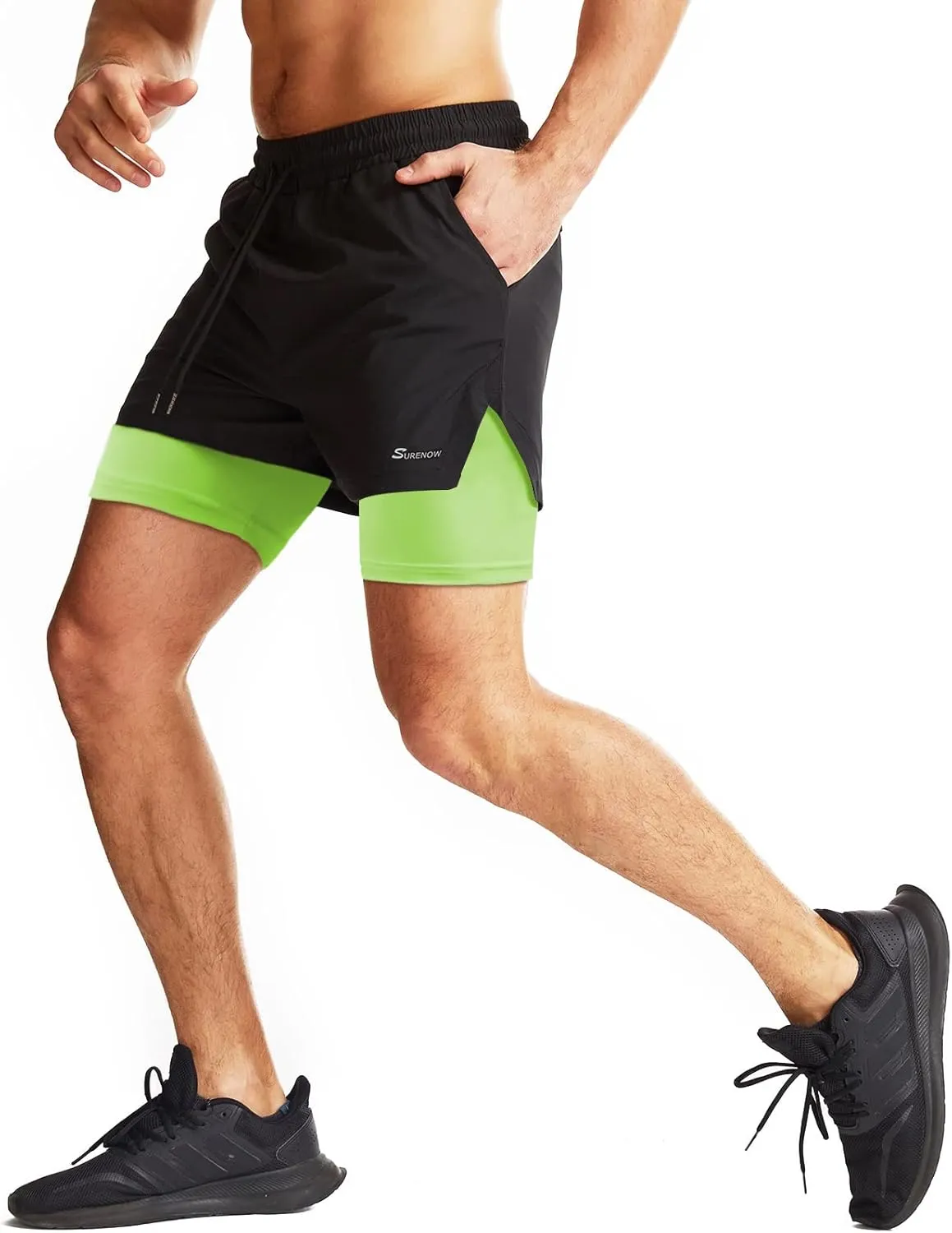 Surenow Mens 2 in 1 Running Shorts Quick Dry Athletic Shorts with Liner, Workout Shorts with Zip Pockets and Towel Loop