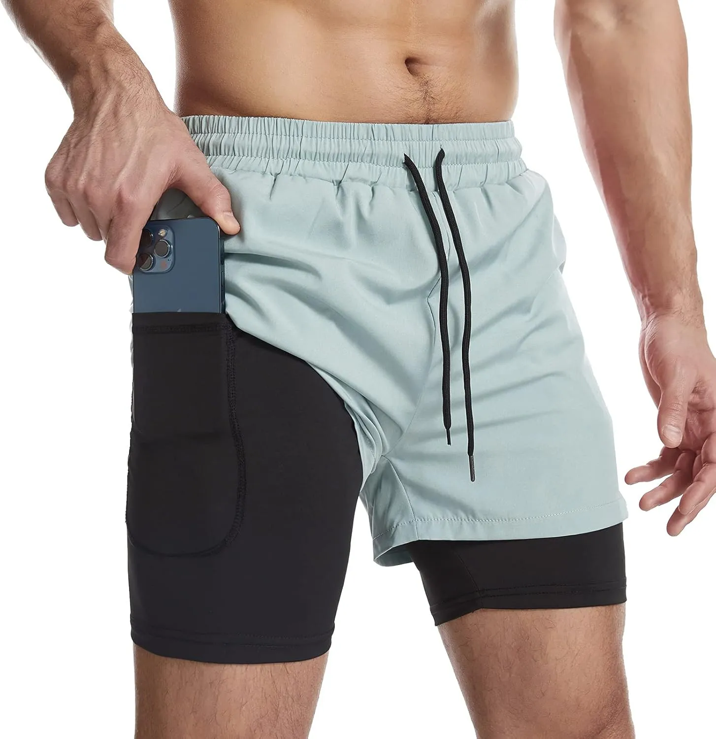 Surenow Mens 2 in 1 Running Shorts Quick Dry Athletic Shorts with Liner, Workout Shorts with Zip Pockets and Towel Loop