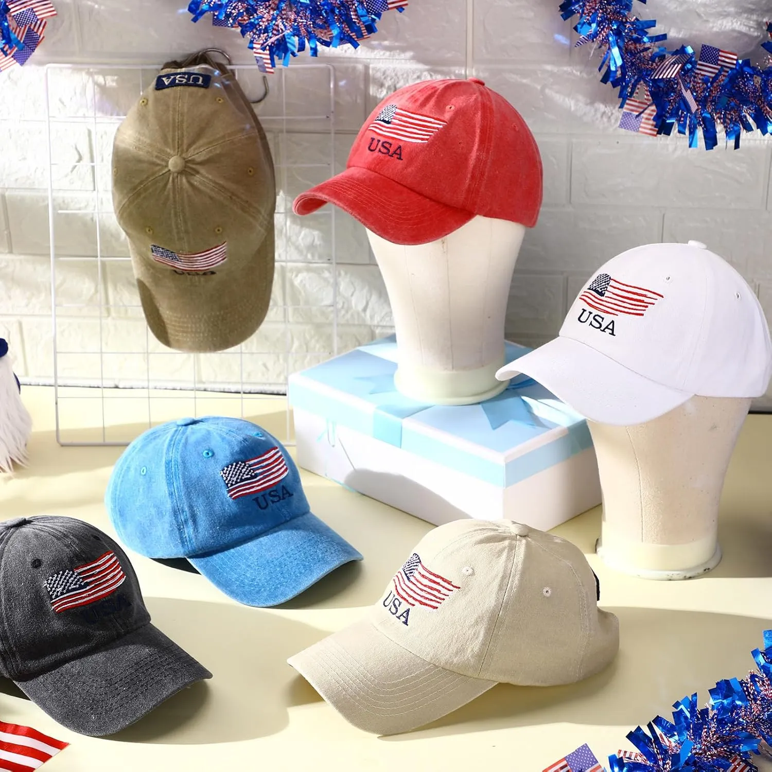 Tarpop 6 Pcs American Flag Baseball Cap Tactical USA Flag Hats Adjustable Washed Us Flag Cap for Men Women