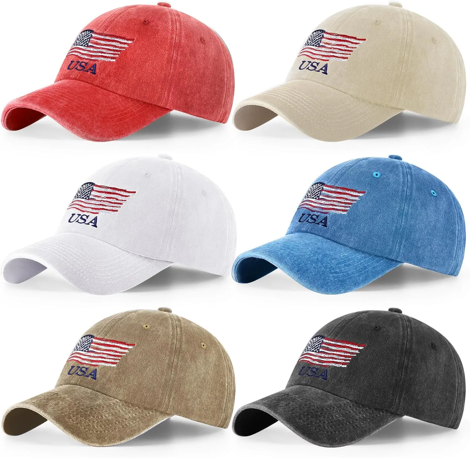 Tarpop 6 Pcs American Flag Baseball Cap Tactical USA Flag Hats Adjustable Washed Us Flag Cap for Men Women