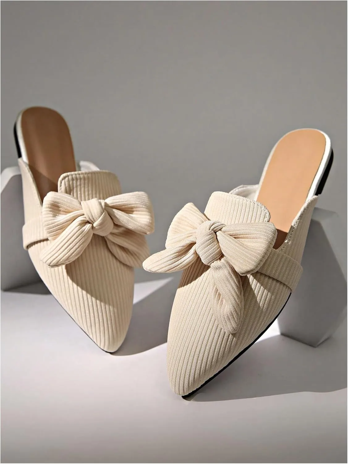 Verdusa Women's Bow Striped Pointed Toe Mule Shoes PU Leather Backless Slip on Slide Flats