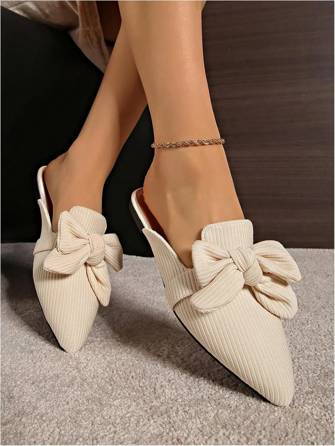 Verdusa Women's Bow Striped Pointed Toe Mule Shoes PU Leather Backless Slip on Slide Flats