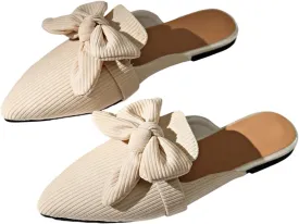 Verdusa Women's Bow Striped Pointed Toe Mule Shoes PU Leather Backless Slip on Slide Flats